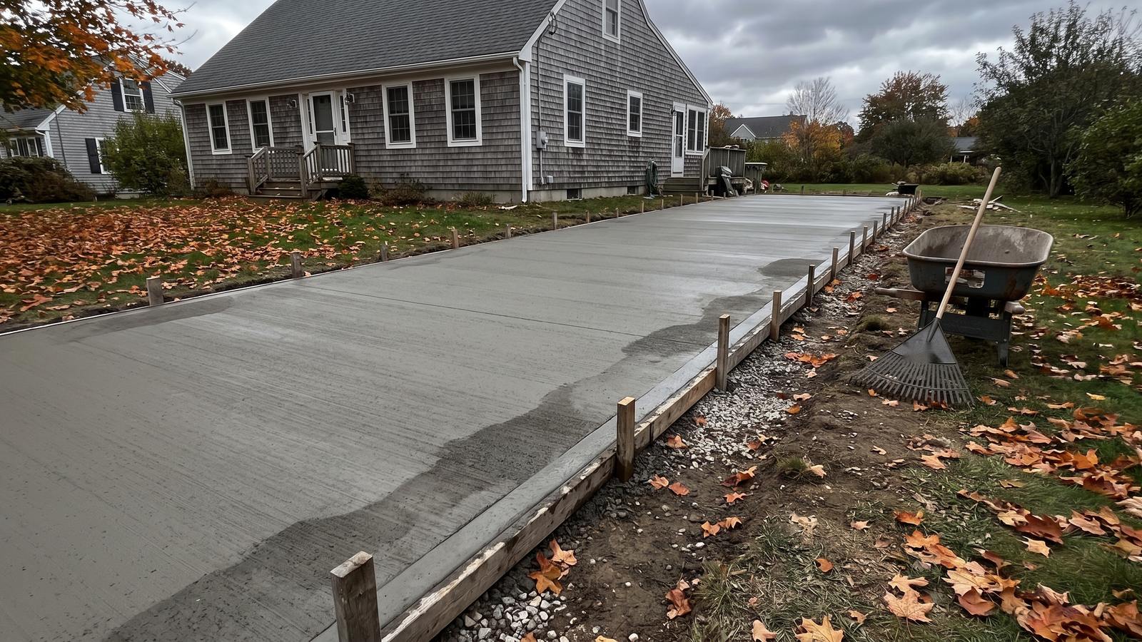 A freshly poured, broom-finished concrete driveway in front of a gray-shingled New England house, form boards still along its edges